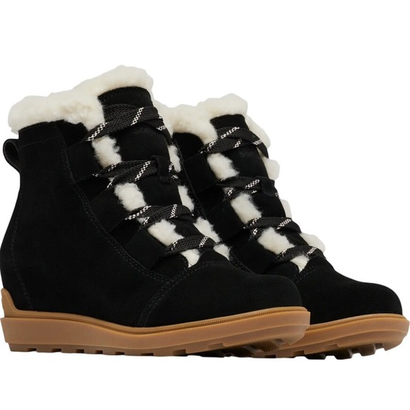 Sorel Women's Ankle Boots Black Suede Shearling Wedge Winter Snow Shoes - Picture 1 of 7